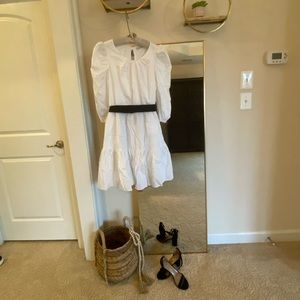 White bell sleeve dress, scoop neck with black sash